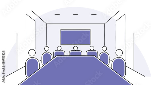 Minimalist Illustration of a Meeting Room with Board Table and Participants Facing Screen                                                             
