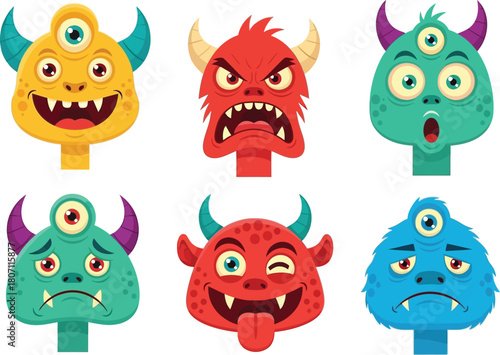 Collection of six colorful cartoonish monster faces with various expressions and multiple eyes on a white background