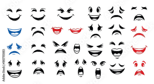 Collection of various cartoon facial expressions in a grungy, hand-drawn style, perfect for creating unique and emotional characters.