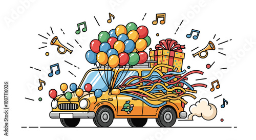 Festively decorated yellow car loaded with colorful balloons, gifts, and streamers drives off to a celebration or birthday party.
