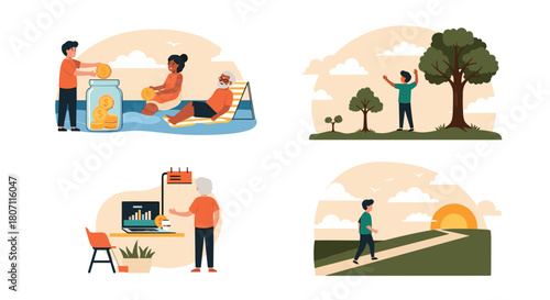 Illustrations about retirement planning and long-term goals, showing savings for vacation, investment growth, and personal journeys.
