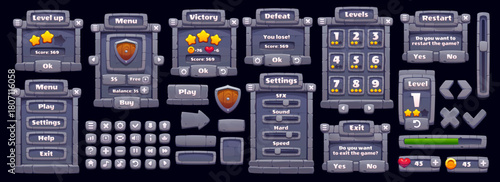 Stone game interface rock stony GUI asset. Vector rock framed interface menu, stone buttons, shield icons, sliders and progress bar. Game level selector and score panel, rewards, victory defeat screen