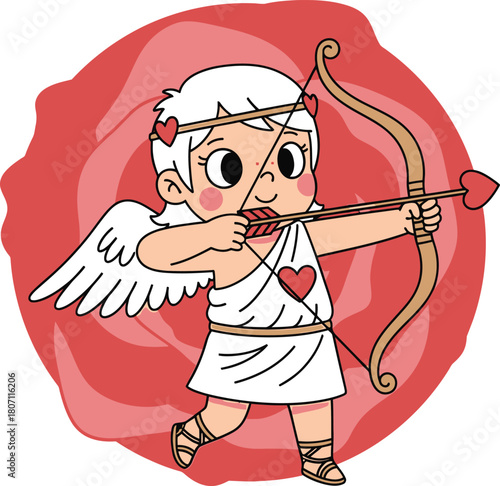 Adorable cartoon cupid with white wings and bow and arrow aiming with a heart on his tunic against a red rose background