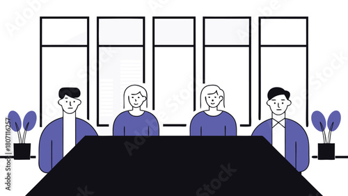 Stylized Illustration of a Boardroom Meeting with Four People at a Table, Plants, and Large Windows with City Views                                   