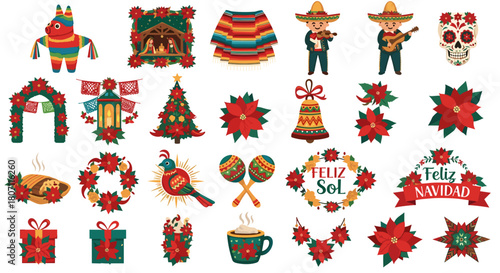 Illustration of various mexican christmas themed elements and decorations