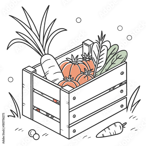 Wooden crate filled with freshly harvested vegetables and greens