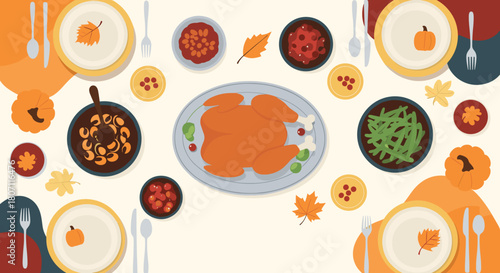A top-down view of a festive Thanksgiving dinner table set with a roasted turkey, various side dishes, and autumn decorations.