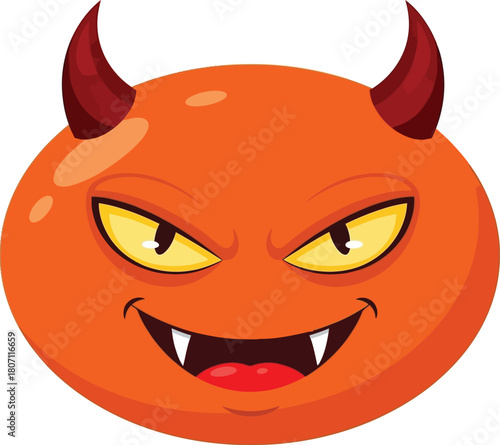 A cartoonish orange devil face with sharp teeth yellow eyes and red horns conveying a mischievous or evil expression