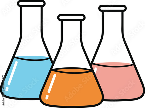 Three colorful laboratory flasks filled with liquids.