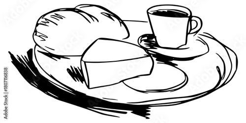 Bread, cheese and coffee breakfast plate