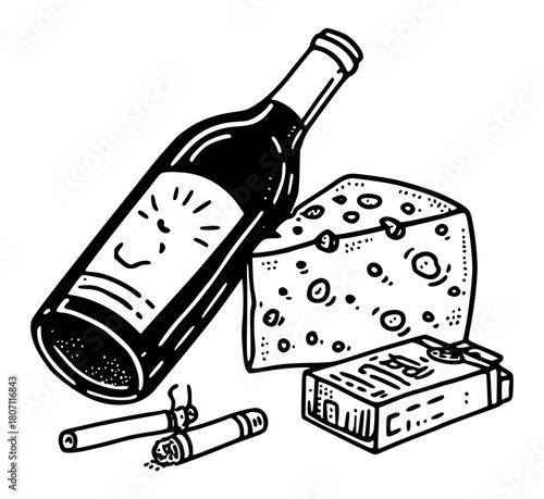 Wine, cheese and cigarettes still life