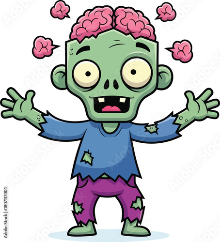 Cute cartoon zombie character with exposed brain and wide eyes looking surprised and confused with arms outstretched
