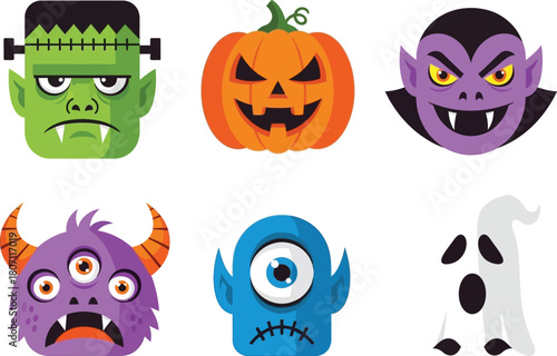 Collection of six cute and colorful cartoon halloween characters including frankenstein a pumpkin a vampire and three different monsters and a ghost