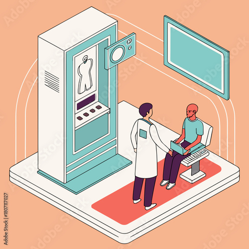 Illustration of doctor consulting patient near x ray machine
