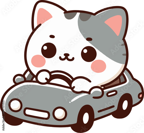 車を運転するデフォルメ猫のイラスト