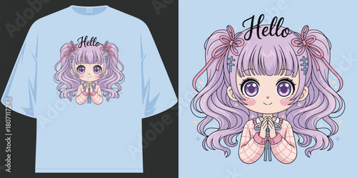 hello cute kawaii anime girl with big purple sparkling eyes purple hair design t shirt apparel
