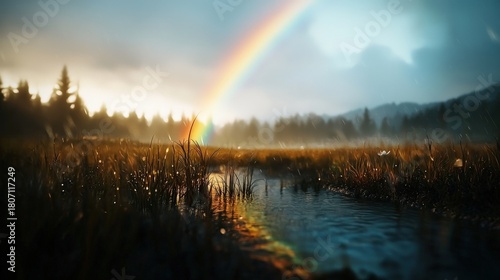 A rainbow arching over a quiet meadow after a summer rain, styled for charm and vibrancy