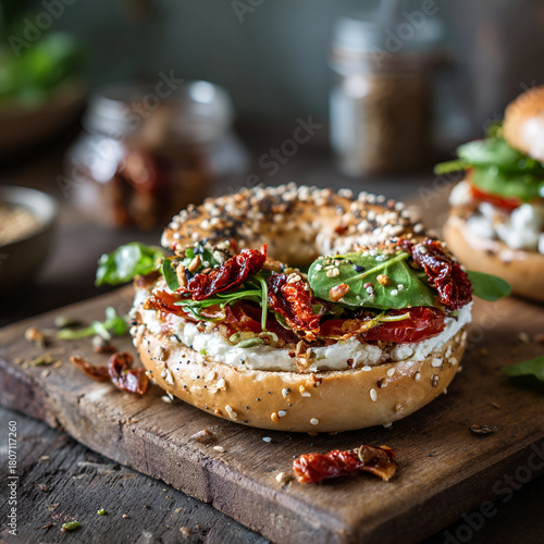 Rustic bagel sandwich boasts sun-dried tomatoes and cream cheese on a wooden board. Perfect for menu, foodie content, or healthy eating ads.