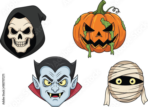 Four classic halloween characters including a grim reaper skull a spooky vampire a carved pumpkin and a mummy against a white background