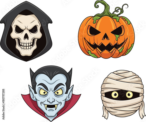 Collection of four classic halloween characters including a grim reaper skull a scary jack o lantern a vampire and a mummy