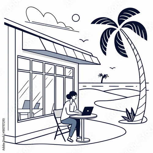 Woman working on laptop at beachside cafe with palm trees