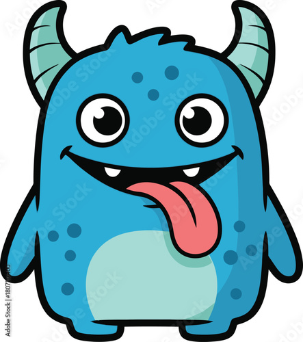 A cute friendly blue cartoon monster with horns big eyes and a long tongue sticking out isolated on a white background