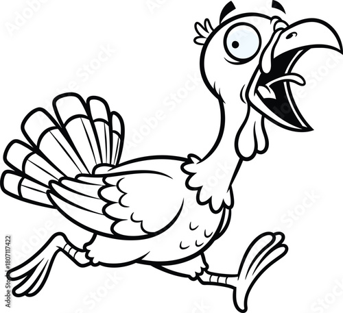Funny cartoon turkey running with open mouth and wide eyes in a comical panicked expression on white background