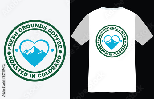 Fresh grounds coffee roasted in colorado logo design vector emblem with heart shape and mountain silhouette graphic for apparel print or sticker