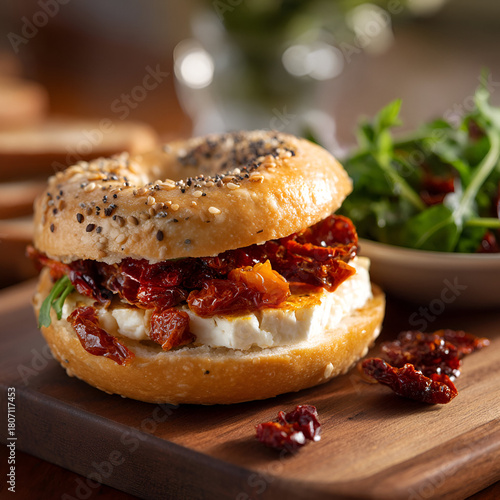 Sesame bagel sandwich shows dried tomatoes on wood. Use for food photography, restaurant ads, or breakfast posters.