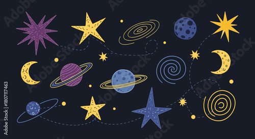 Playful and colorful collection of hand-drawn space elements, featuring whimsical planets, shining stars, crescent moons, and swirling galaxies.