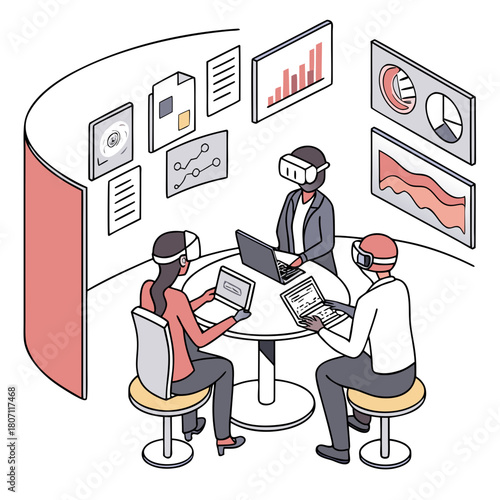 Team collaboration in virtual reality meeting with data charts