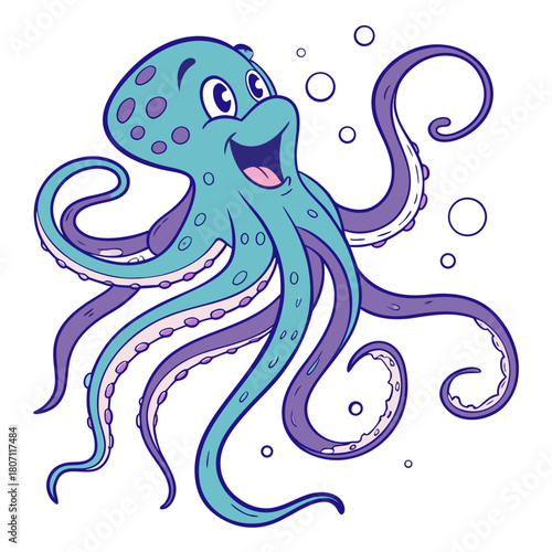 Cartoon octopus with purple spots and tentacles smiling wide