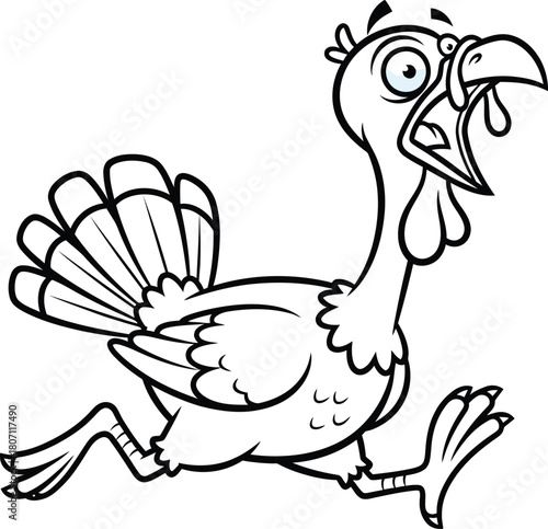 Funny cartoon turkey running with wide eyes and open beak in a comical panicked expression black and white illustration