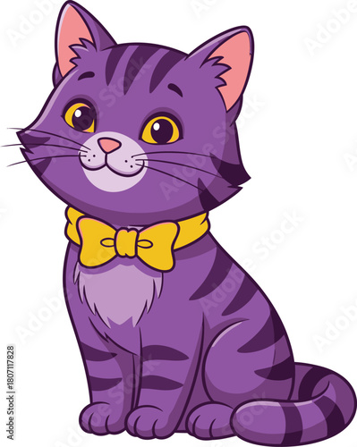 Adorable cartoon purple tabby cat with yellow bow tie sitting and looking forward with a friendly expression