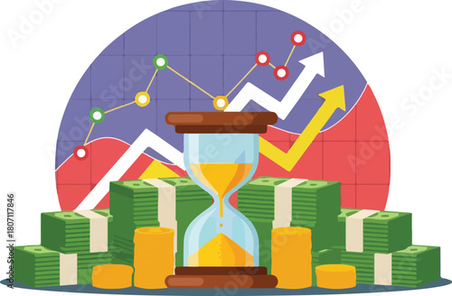 Time and money investment concept with hourglass and cash stacks.