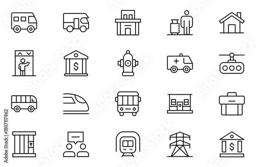 Public Services out icon set. Minimalist thin linear web icon set. Line icons related to public utilities. Gas, electricity, water, heating.