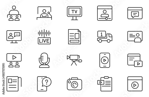 Mass media outline vector icons set. on white background. media business concept. Media outline icons set.
