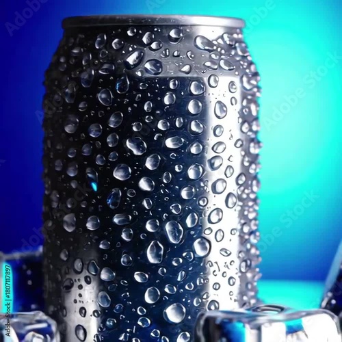Refreshing aluminum can with condensation and ice cubes against a blue background