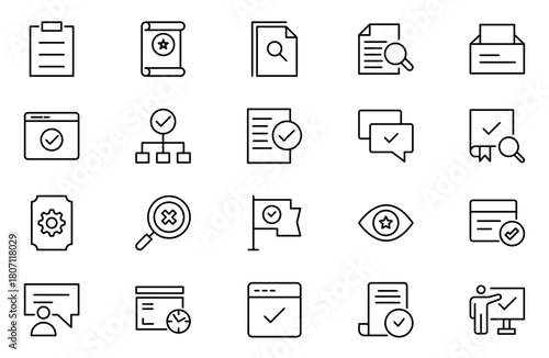 Quality Control line icon set. Included the icons as inspect, QA, qualify, quality control, check, verify, and more.