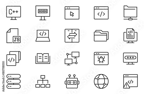 Programming coding web icon set. Software development icons for web and mobile app. Code, api, programmer, developer, information technology, coder and more.