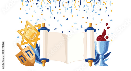 Jewish holiday celebration concept with a Torah scroll, Star of David, dreidel, and a Kiddush cup on a festive background.