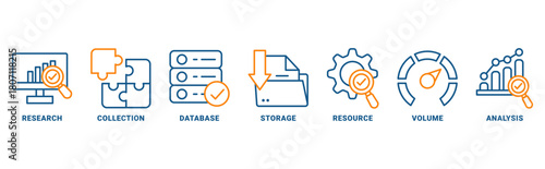 Big data icon set vector concept with icon of research, collection, database, storage, resources, volume and analysis 