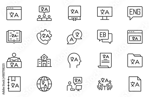 Language web outline icon set. Language translation, linguistics, speaking, dictionary, listening skills, writing, communication, speech, non-verbal, writing, dictionary, text collection.