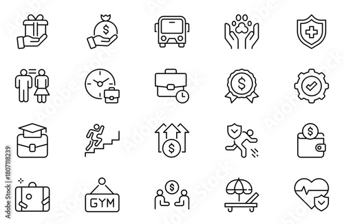 Employee benefits line icon set. Maternity leave, paid leave, meals, insurance, company transport, bonuses, protection from dismissal and more. Outline icon set. Vector collection.