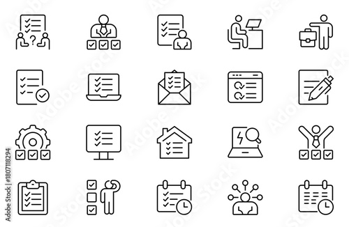 Task outline icon set. Series - Task. Problem solving, checklist and business planning. Outline icon collection. Conceptual pictogram and infographic.