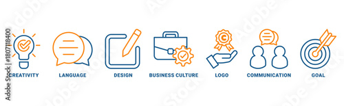 Corporate identity icon set vector concept with icon of creativity, language, design, business culture, logo, communication, goals 
