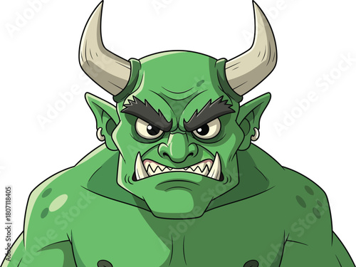 Fierce green monster with sharp teeth and menacing eyes peeking over a surface with large horns