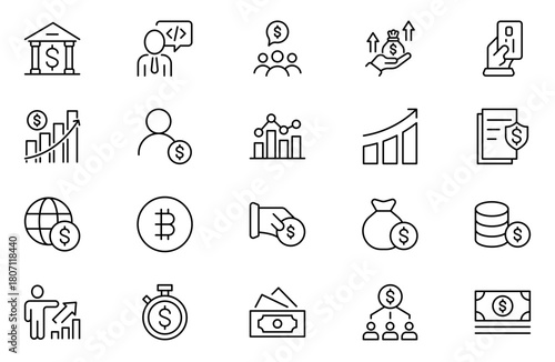 Finance line Icon Set. Sleek and intuitive icons for budgeting, saving, and investing, perfect for financial apps, tools, and websites to empower users in managing their money effectively.