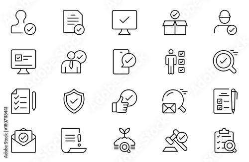 Inspection web line icons set. Pack of inspection, hire, calculation money, coaching, protection, cooperation, success, task, other outline stroke pictograms.