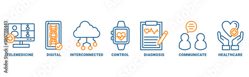 Digital health icon set vector concept with icon of e-health, telemedicine, interconnected, smartwatch, diagnosis, email, and medical app 